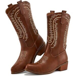 ⚡Women's Brown Pointed Toe Embroidered Mid Calf Western Cowgirl Boot Chunky Heel